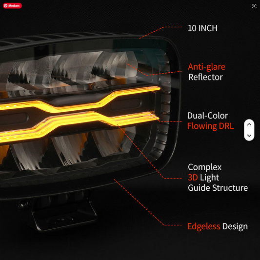 Zwei superhelle 10-Zoll-24-Volt-LED-Scheinwerfer von SimpleRick mit Bernsteinfarbenem Positionslicht für Scania V8 Lkw.