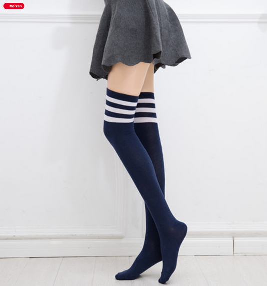 Schwarze und weiße gestreifte Overknee-Strümpfe von SimpleRick, lange Oberschenkelhohe Socken für Damen, sexy und stilvoll