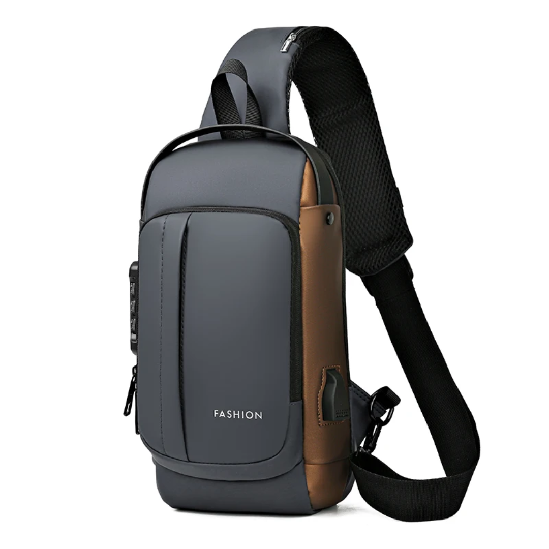 Stylische Brusttasche von SimpleRick mit integrierter Ladefunktion, schwarzes Design, praktische und moderne Accessoire für unterwegs