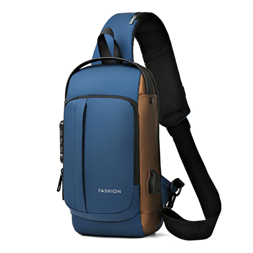 Stilvolle Brusttasche von SimpleRick mit integrierter Ladefunktion, aus hochwertigem Material, sichtbar mit USB-Anschluss.