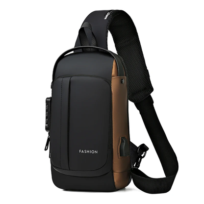 Stilvolle Brusttasche von SimpleRick mit integrierter Ladefunktion, schwarzes Gewebe mit Reißverschluss und USB-Anschluss.