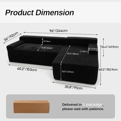 Vakuum komprimiertes 3-Sitzer L-Form Sofa von Mein Shop, sichtbar im Verpackungszustand, bereit für den Aufbau.