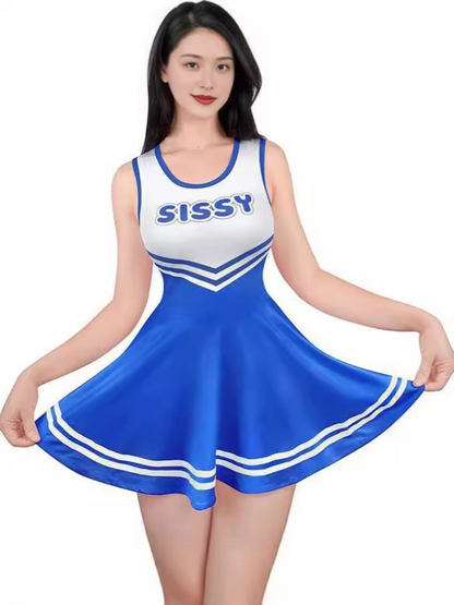 Cheerleader-Sissy-Kleid von SimpleRick, pinkes Kostüm mit weißen Streifen und Pompons, für Karneval oder Kostümpartys