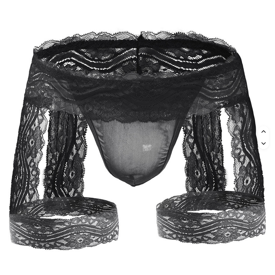 Schwarze sexy Herren-Slips von SimpleRick mit Spitzen und Erotik-Design, Sissy- und Männerunterwäsche mit Penisbeutel.