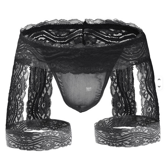 Schwarze sexy Herren-Slips von SimpleRick mit Spitzen und Erotik-Design, Sissy- und Männerunterwäsche mit Penisbeutel.