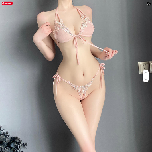 Einfarbiger offener Schritt Spitzenslip von SimpleRick, sexy Damenunterwäsche mit Spitzenmuster und Neckholder-Design.