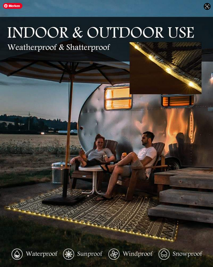 LED-beleuchtete Outdoor Camping-Matte von SimpleRick, wasserdicht und wendbar, ideal für Wohnmobil, Veranda und Terrasse.