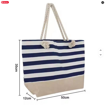 Gestreifte Leinenstoff Strandtasche von SimpleRick, wasserdichte und schwimmende Leinwand mit Baumwollseil, handgehalten.