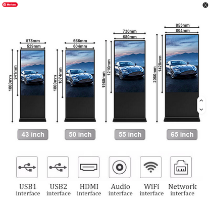 Werbestele für Windows und Android, 55 Zoll, mit Touchscreen, digitaler Werbeplayer, bodenstehend, ultradünn, Indoor Digital Signage