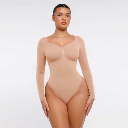 SimpleRick Premium Ganzkörper-Shaper mit langem Arm, ultra-dünn, nahtlos, bauchkontrollierend und formschön, einfarbiges Design.