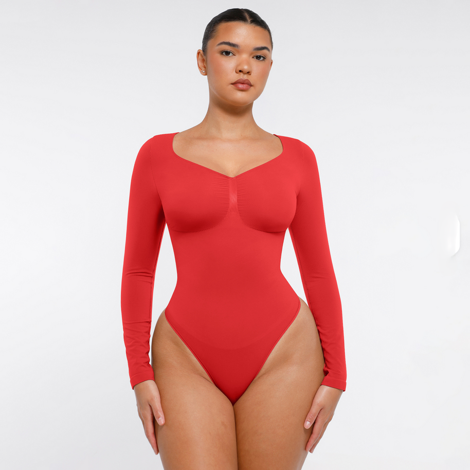 Elegant schwarzer Ganzkörper-Shaper von SimpleRick, nahtlos, langarm, dünn und bauchkontrollierend für eine schlanke Silhouette.