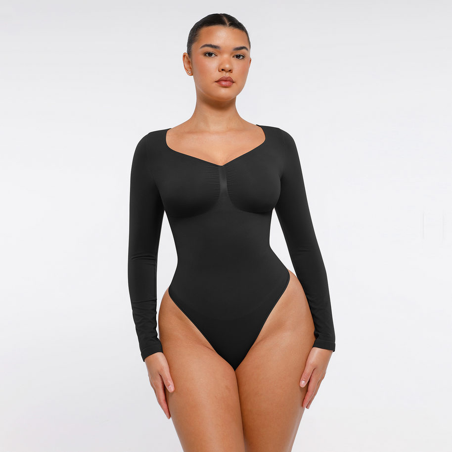 SimpleRick Ganzkörper-Shaper, ultradünner Langarm-Body mit Bauchkontrolle, nahtloses, schlankmachendes Unterhemd in einfarbigem Design.