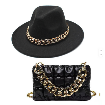 Elegante Damenhandtasche von SimpleRick mit großer Kette und passendem Fedora-Hut im stilvollen Set.
