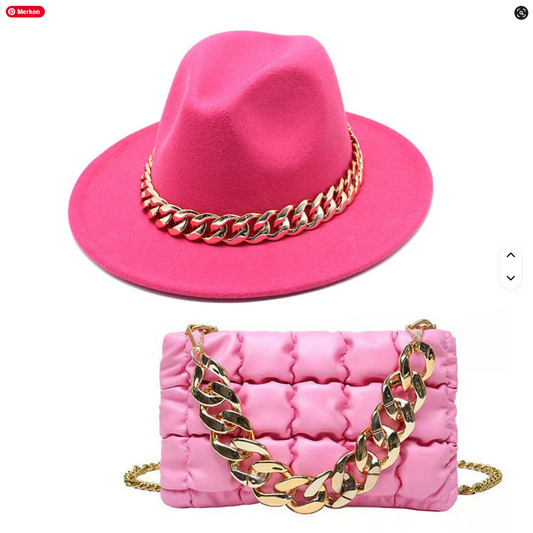 Stylische Damenhandtasche von SimpleRick mit großer Kette, inklusive Fedora Hut, ideal für Freizeit und Mode.