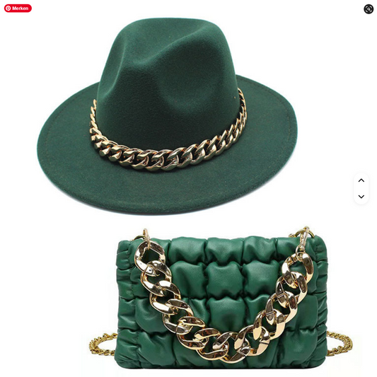 Vielseitiges Damen-Set mit großer Handtasche mit Kette und Fedora-Hut von SimpleRick, ideal für modebewusste Frauen.