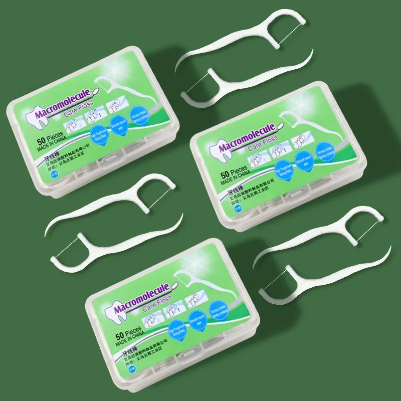 Zahnseide Sticks von SimpleRick, 50 Stück mit integriertem Zahnstocher, ideal für Zahnzwischenraumreinigung.